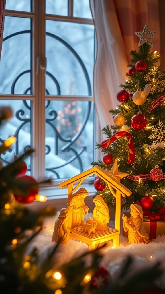 Inspirational Christian Quotes for Christmas Aesthetic A serene nativity scene with Christmas lights and decorations, evoking a peaceful holiday spirit.